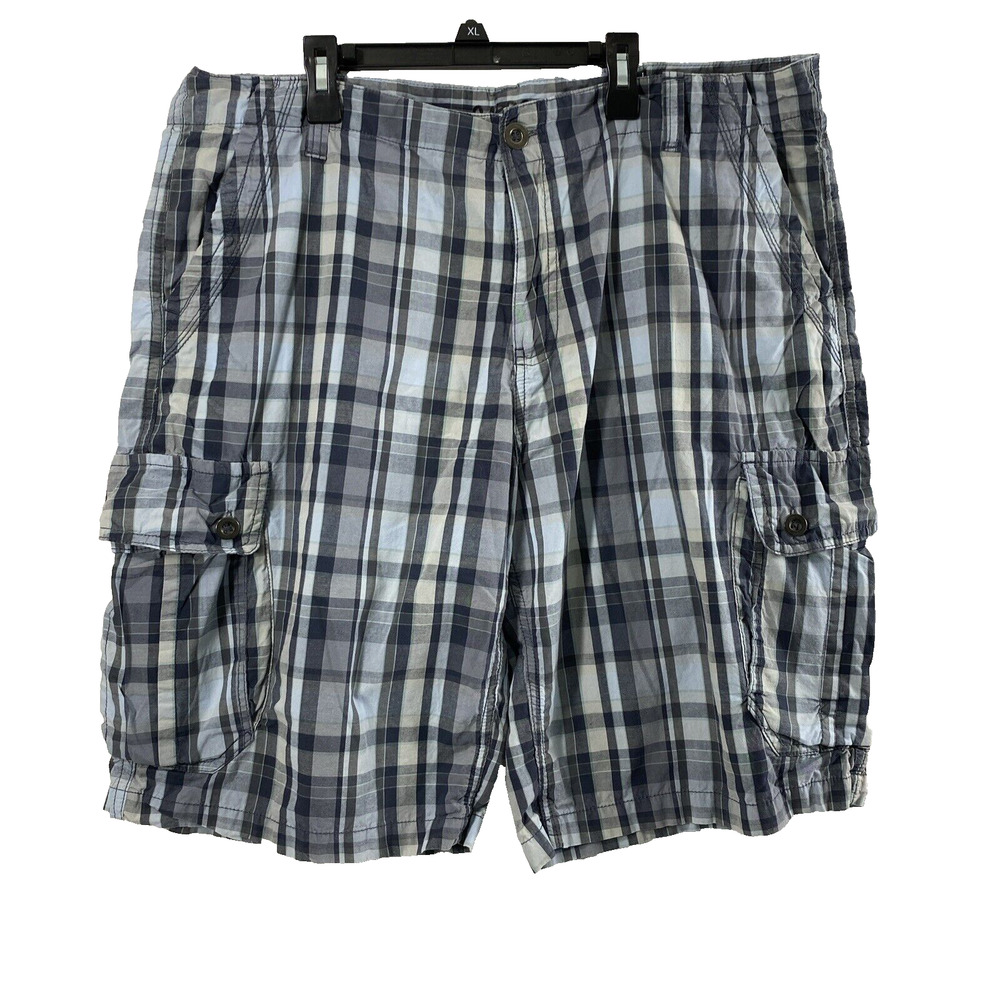 Carbon Cargo Shorts Mens Size‎ 38 Blue Plaid Cotton Pockets Casual Summer